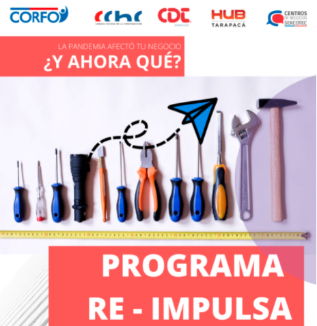 Viste disminuidas tus ventas por la pandemia? Eres una micro o pequeña empresa de Arica, Atacama o Antofagasta? Trabajas en Energía, Minería o Construcción? 
Re impulsa tu negocio con este programa!!!
Más información en re-impulsa.cl