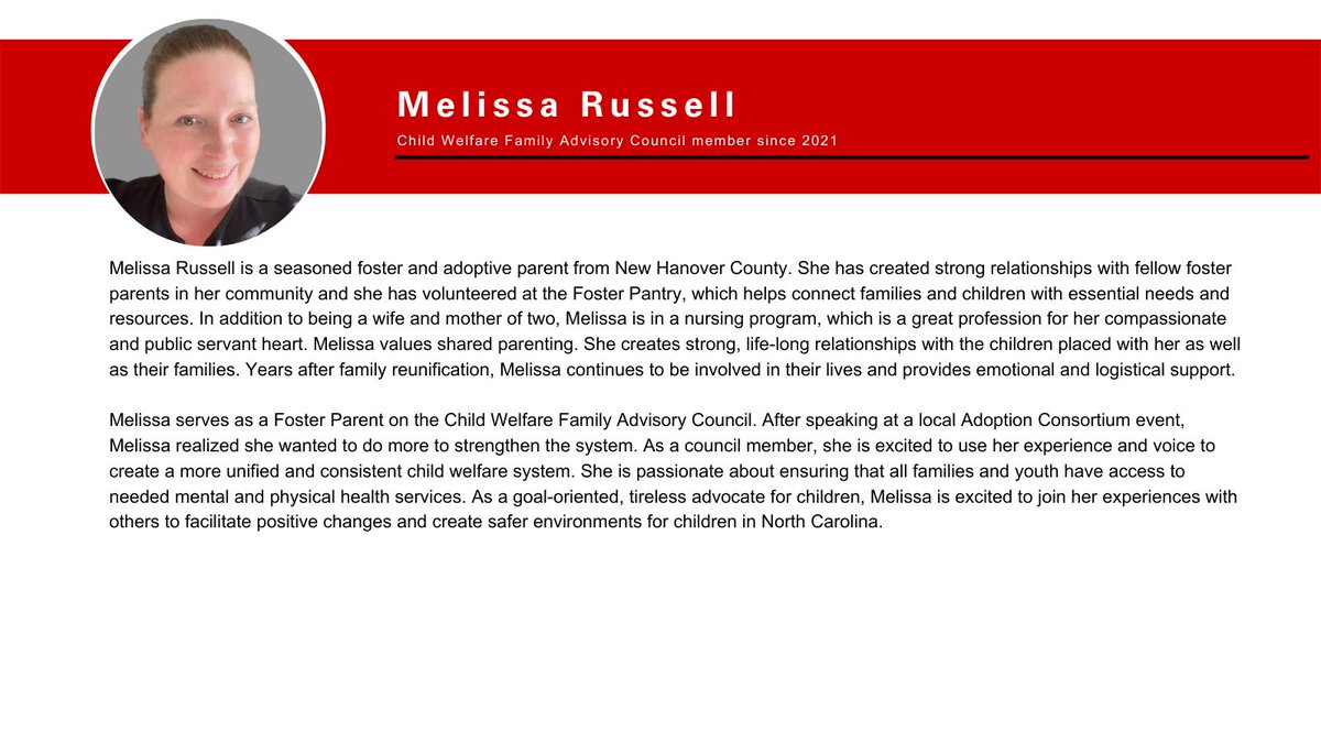 cfacencstate's tweet photo. For today’s #MeetUsMonday, we are highlighting Melissa Russell, a seasoned foster and adoptive parent from New Hanover County who serves as a Foster Parent on the Child Welfare Family Advisory Council.
#CFACE #CommunityEngagement #FamilyEngagement https://t.co/0R2jsEpSAX