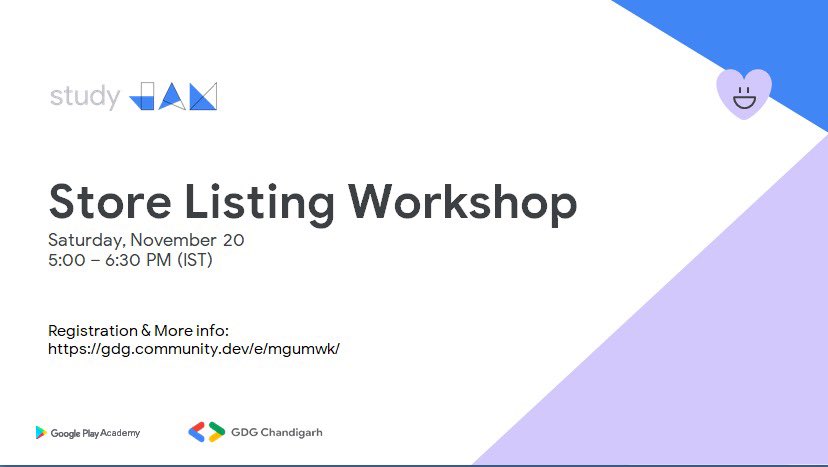 We at *GDG Chandigarh* are bringing you a fantastic opportunity to attend Google Play Academy Study jam.

Free training for Android developers. Learn how to succeed on Google Play.

Event Details :
*Date: 20th Nov 2021*
*Time: 5:00 PM IST*

*Register at:*
gdg.community.dev/e/mgumwk/