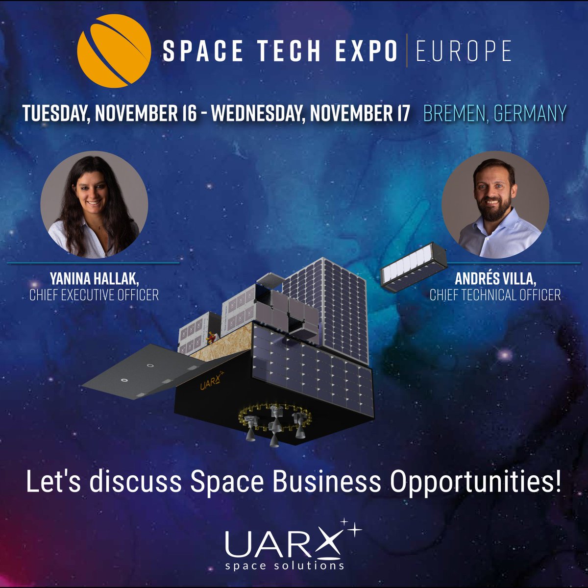 uarxspace's tweet photo. Meet our founders Yanina Hallak  (@spacelittlegirl) and Andrés Villa and discuss your next SmallSat launch service opportunity! 🚀🛰️ 
#launchservice #otv #ossie #yourrideinspace https://t.co/yB1ZLkxfeW