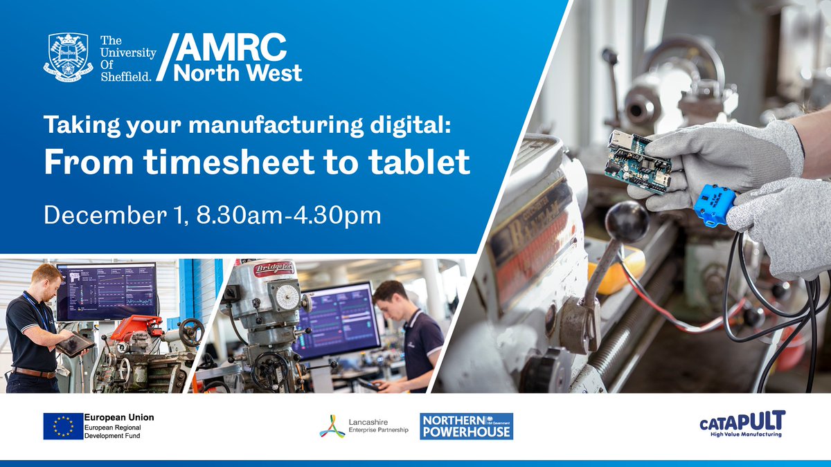 TheAMRC's tweet photo. Are you an #SME #manufacturer based in #Lancashire? Do you want to learn how you can benefit from the digital #technologies, essential to business growth?

Join us for this fully-funded workshop where we'll demystify what #DigitalTransformation involves.

https://t.co/if1w9LlrLU https://t.co/jvsGpF0onf