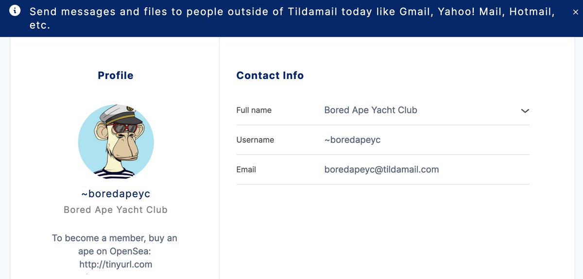tildamail's tweet photo. Are you more of #BoredApe or a #sneakyvampire? Now you can claim your name on #Web3 & invite your closest friends with exclusive access to Tildamail using the new 'Invite people' feature. Skip the long waitlist! #NFTs #Bitcoin #cryptocurrecy #PrivacyOverProfit @notthetechguy #ETH https://t.co/LKKHS6NI65