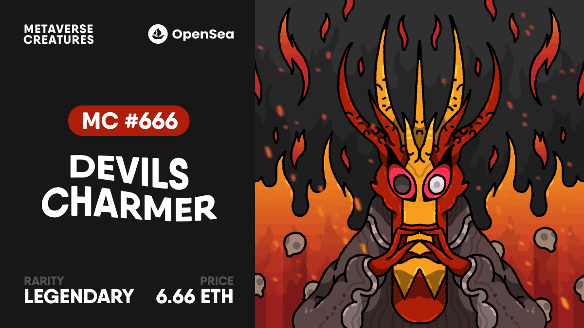 ilyakazakov's tweet photo. Legendary is here! 🔥
Metaverse Creature #666 — Devils Charmer

https://t.co/kotOLnnybL

#metaversecreatures @opensea https://t.co/s3zadsGwOx