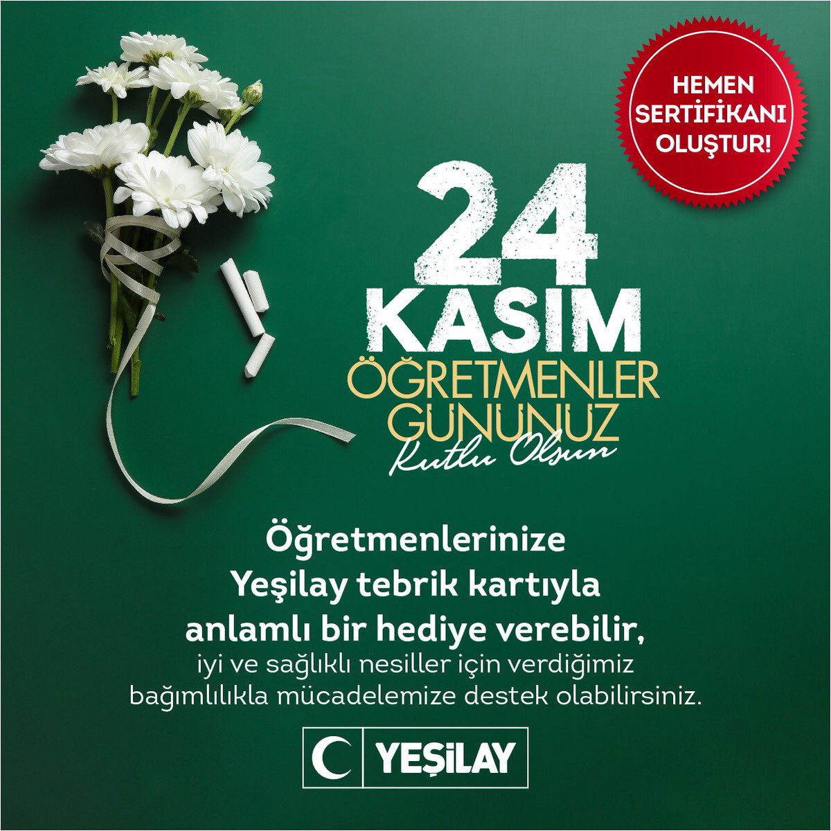1920yesilay's tweet photo. Öğretmenler Günü Tebrik Kartı!
Öğretmenlerinize Yeşilay tebrik kartıyla anlamlı bir hediye verebilir, iyi ve sağlıklı nesiller için verdiğimiz bağımlılıkla mücadelemize destek olabilirsiniz. 💚
Sertifika oluşturmak için;🔎https://t.co/HkSfNt0dbj
#Yeşilay #24Kasım #ÖğretmenlerGünü https://t.co/CXayMzbNq7
