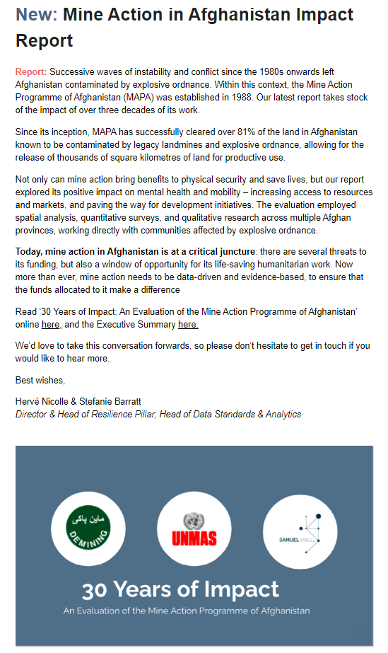 stef_barratt's tweet photo. Excited to present our landmark study on the impact of 30 years of mine action in Afghanistan at the #19MSP Meeting of Anti Personnel Mine Ban Convention with @Samuel_Hall_ @UNMAS. Results are unequivocal: Mine action must continue to be funded. https://t.co/6nS07mJ9RO