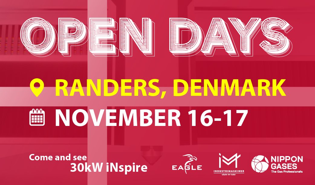 EagleLasers's tweet photo. Remember - open days at Randers start tomorrow!

Don't miss the opportunity to see iNspire 30kW working at full speed!

#iNspireTheWorld #PowerYourFuture #lasercutting https://t.co/fE1Si9d98J