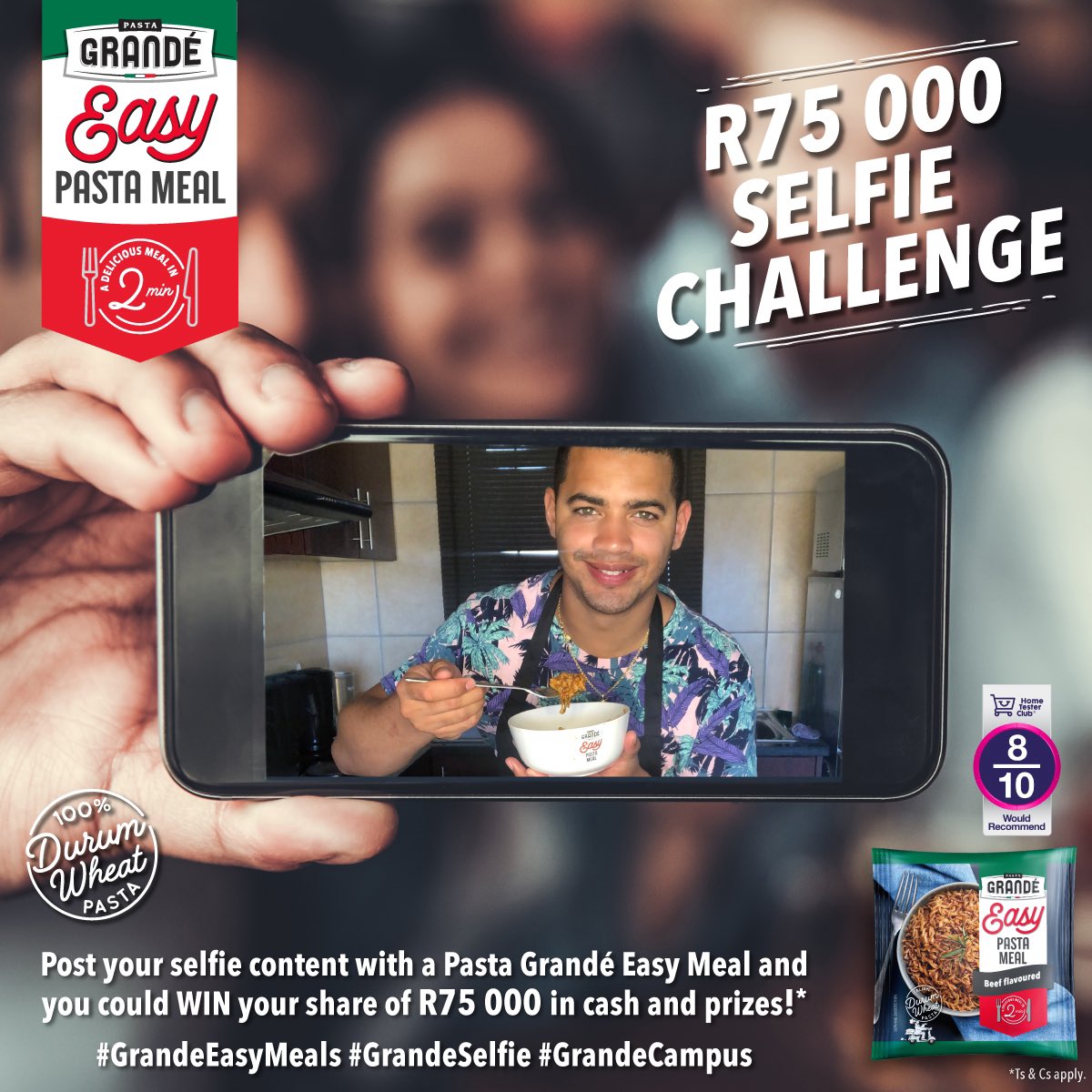 UCTRadio's tweet photo. Show-off like SA’s Dean Smith & cook ur own version of a Pasta Grandé Easy Pasta Meal! Just 2 mins & delicious. Post a Easy Pasta Style Selfie & stand a chance 2 win a share of R75k in cash/prizes! #GrandeEasyMeals #GrandeSelfie #GrandeCampus. Avail at select SPARS. Ts & Cs apply https://t.co/KROcwtLIq4