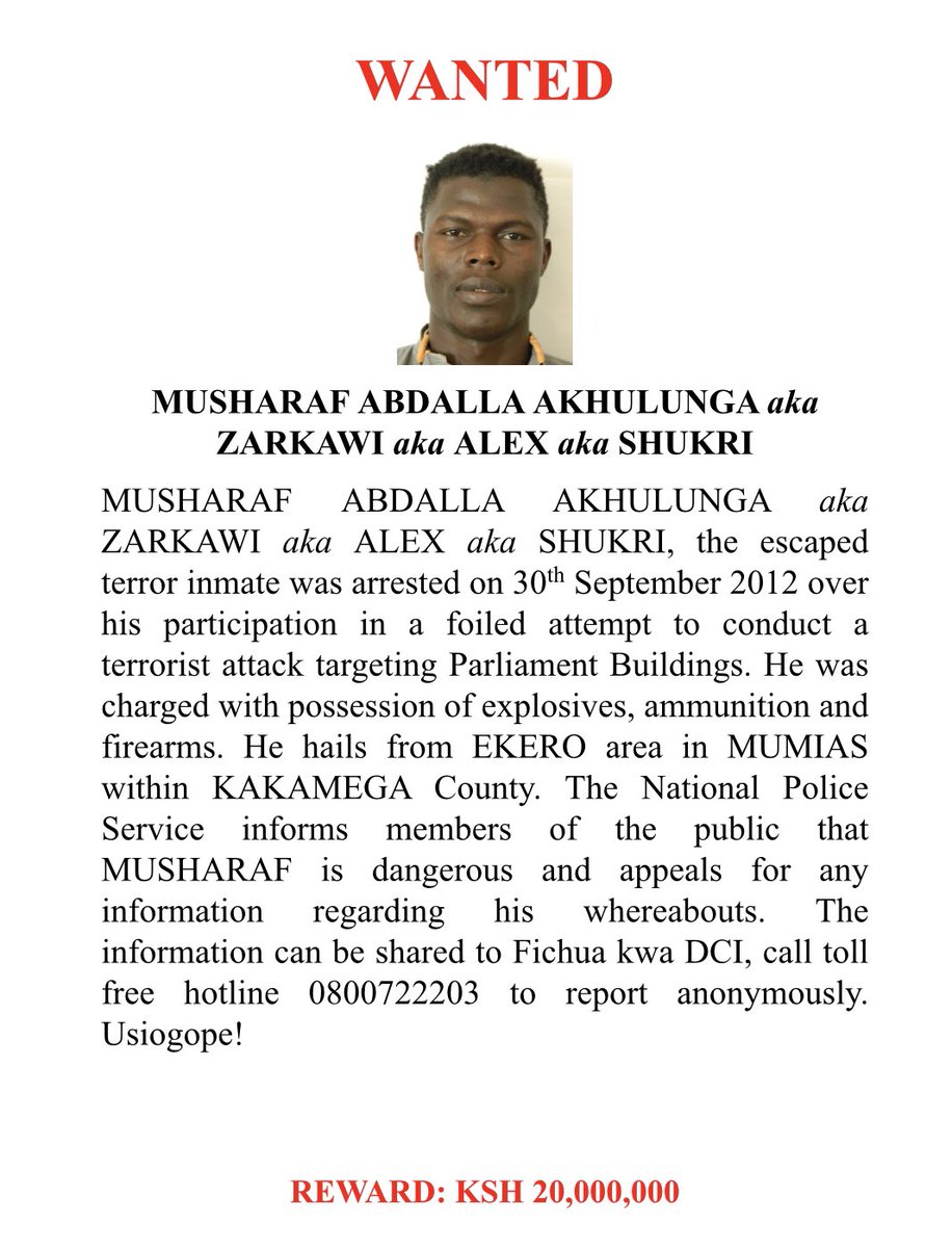 DCI_Kenya's tweet photo. PRISON BREAK! A reward of Sh60 Million will be offered to anyone with information that may lead to the arrest of the following three terror suspects, who escaped from Kamiti Maximum Security Prison today at 1am. #FichuakwaDCI 0800722203 https://t.co/L0PNsMl7bB