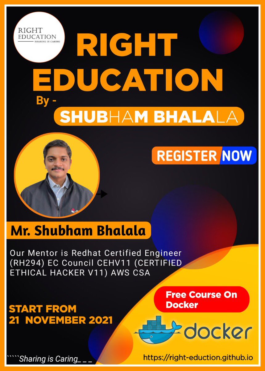 _RightEducation's tweet photo. Join our free Complete course on Docker under the mentorship of Mr.Shubham Bhalala

📌Registration open till November 19,2021

👉🏻 Register now and grab this fantastic opportunity.

🔗 Registration link :
https://t.co/SQ9pRbRHAc

 Thanks and Regards💫
 Team Right-Education ✨ https://t.co/2DIdz5Mn7U