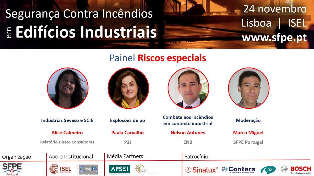 O primeiro painel do seminário “Segurança contra Incêndios em Edifícios Industriais” será dedicado a “Riscos Especiais”. 
Mais informações e inscrições no site da SFPE Portugal sfpe.pt/agenda/?event_… 
#SCIE #PBD #UTXII #SCIEUTXII #COVIDSAFE #ENB #P2i
