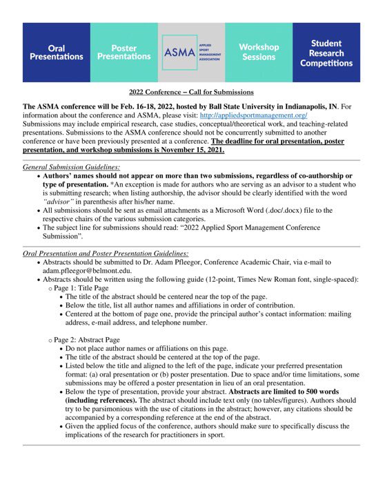 ASMA_Conf's tweet photo. Just a friendly reminder that abstracts are due TONIGHT at 11:59 p.m EST. Please send the abstract to the following members:
Oral/Poster Presentations - adam.pfleegor@belmont.edu
Student Research Competition -
Wonyoung.Kim@wichita.edu
Workshops - adamlove@utk.edu
#ASMAIndy https://t.co/sjfkEoVzCB
