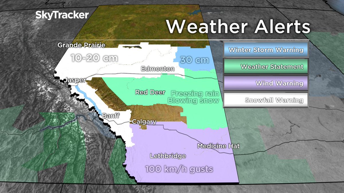 TiffanyLizee's tweet photo. A lot happening in the province today as a low pressure system swings through. Heavy snowfall will hit central #Alberta with 10-30 cm possible... while the south will see warm teen temps + 100 km/h wind gusts. #YYC #ABstorm https://t.co/ehSkqMFMJZ