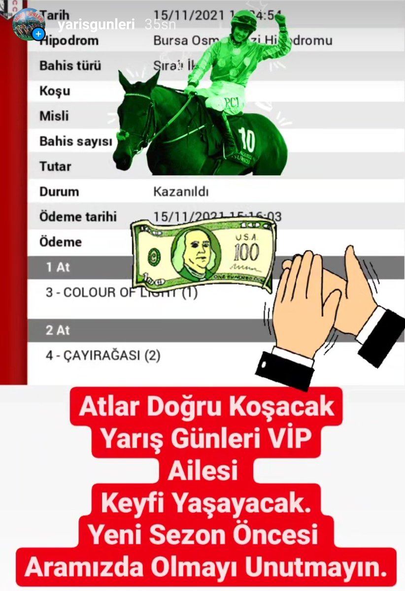 YarisGunleri's tweet photo. Anlayana Hizmet
Anlamayana Külfet
Sizlerde Ailenin Parçası Olmak İçin Geç Kalmayın.
Adana yarışlarında şanslı olabilecek bana en göre en şanslı isimleri öğrenmek içinde akşam 23.00te yapacağım canlı yayını unutmayın.
İyi haftalar
Yarış Günleri VİP

#bursa #pazartesi
#adana #salı https://t.co/8j0L7v3U4o
