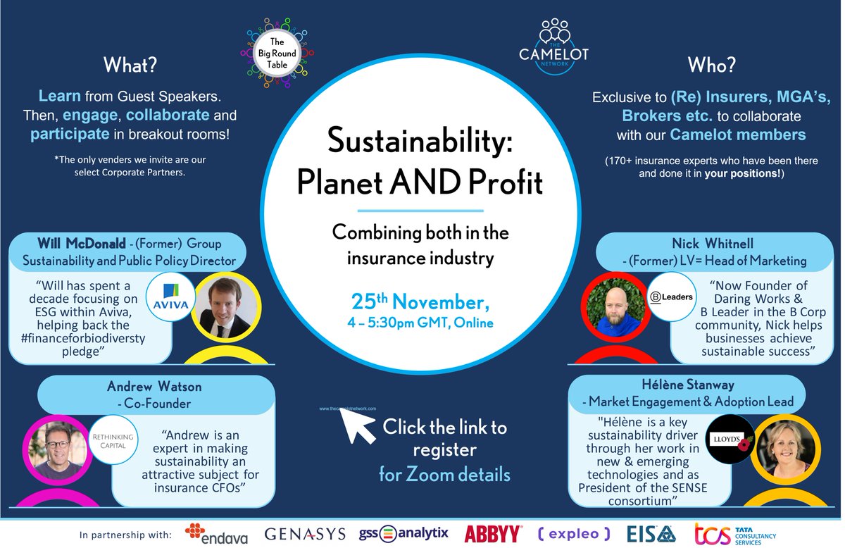 Camelotconnect's tweet photo. #TheBigRoundTable event: “Sustainability: Planet AND Profit – combining both in the insurance industry”

25th November, 4-5:30pm GMT

Register: https://t.co/uOVrMCOEHi 

#TheCamelotNetwork #ConnectedExpertise #Insurance #planetANDprofit #sustainability https://t.co/LUfDQK3GVM