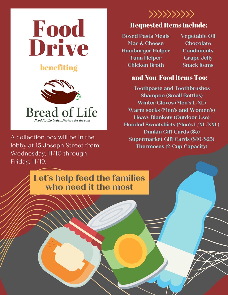 AAWindowPRODUCT's tweet photo. The holidays are approaching and this week, we are having a food drive benefiting @breadmalden - a volunteer organization that serves the needy. Our collection box will be in our foyer at our main office at 15 Joseph St Malden, MA through the end of this week. https://t.co/Ejv3ZhYSZj
