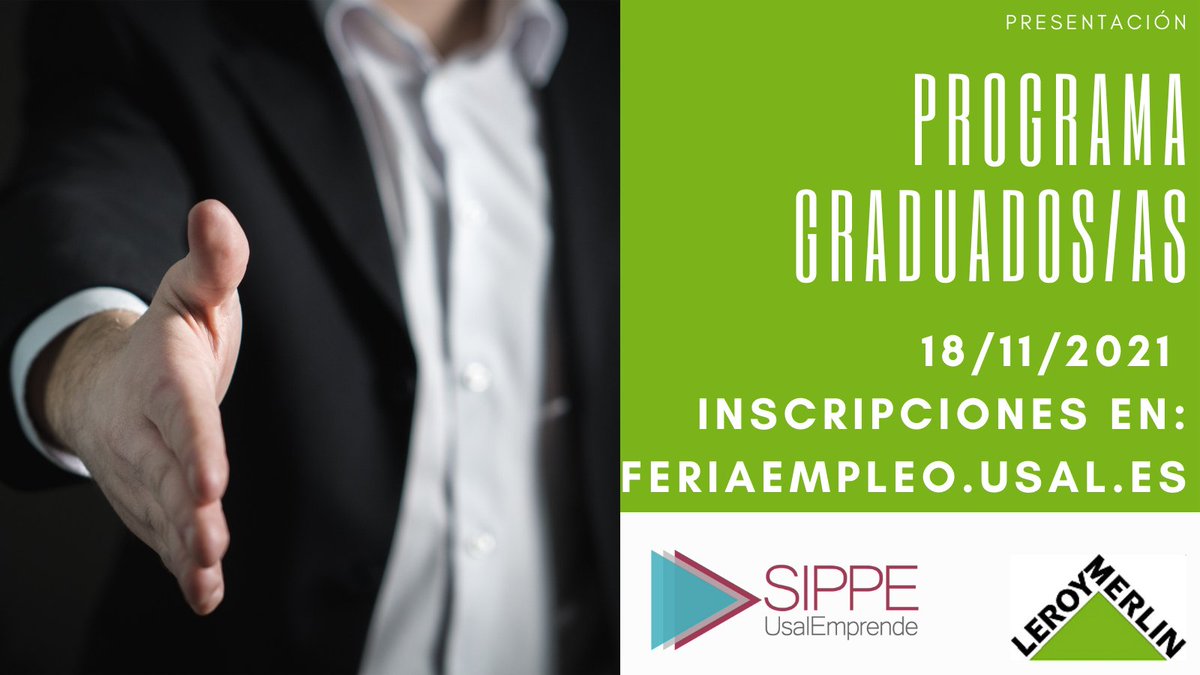 SIPPE UsalEmprende (@sip_usal) on Twitter photo 📢Te esperamos el jueves 18/11 a las 17:00 en el Edificio I+D+i para conocer el programa que <a href="/leroymerlin_es/">leroymerlin_es</a> tiene para jóvenes graduados/as.
No te quedes sin plaza, aforo limitado.
👉feriaempleo.usal.es
#EMPLEO #feriaempleoUSAL 📢Te esperamos el jueves 18/11 a las 17:00 en el Edificio I+D+i para conocer el programa que <a href="/leroymerlin_es/">leroymerlin_es</a> tiene para jóvenes graduados/as.
No te quedes sin plaza, aforo limitado.
👉feriaempleo.usal.es
#EMPLEO #feriaempleoUSAL