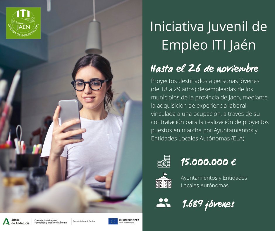📣 Hasta el 26-Nov, los ayuntamientos y entidades locales autónomas de la provincia de Jaén pueden presentar sus proyectos al programa Iniciativa Juvenil de Empleo del <a href="/SAEmpleo/">Serv. Andaluz Empleo</a> #ITIJaén.

📈 15 M.€
🤝 Contratación de 1.689 jóvenes
ℹ lajunta.es/3lrg4