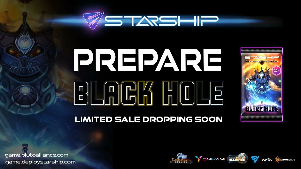 DeployStarShip's tweet photo. ‼Less than 3 hours to go‼

▶@Pluto_Alliance BLACK HOLE #StarShipNFT #P2E #NFTcollection drops at 4PM UTC TODAY (whitelist). Public sale at 5PM UTC!

Drop link countdown:
👉https://t.co/pHJXjQXG6J

How to Buy:
❓https://t.co/Gs9N84RT1o

#deploystarship #plutoisaplanet @WAX_io https://t.co/UlvOlUj33N