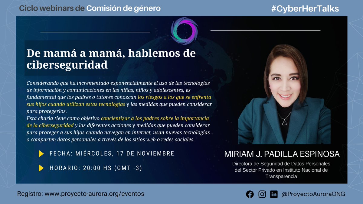 🔊No te pierdas este #Miércoles 17 de noviembre👇🏻
"De mamá a mamá, hablemos de ciberseguridad"

Speaker invitada: <a href="/Ing_Mili/">Mili</a> Directora de Seguridad de Datos Personales del Sector Privado en Instituto Nacional de Transparencia

Registrate en:
proyecto-aurora.org/eventos

¡Te esperamos!