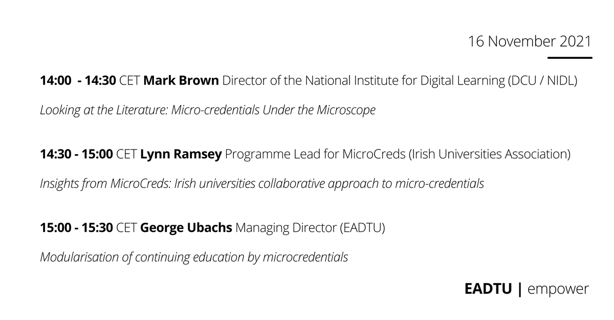 EADTU's tweet photo. Tomorrow is the first day of our Webinar Week on Implementing Microcredentials in Continuing Education with @mbrownz @DrLynnRamsey and our very own @george_ubachs Register here: https://t.co/FNU1zJgHl1 ! https://t.co/jcwth88ruV