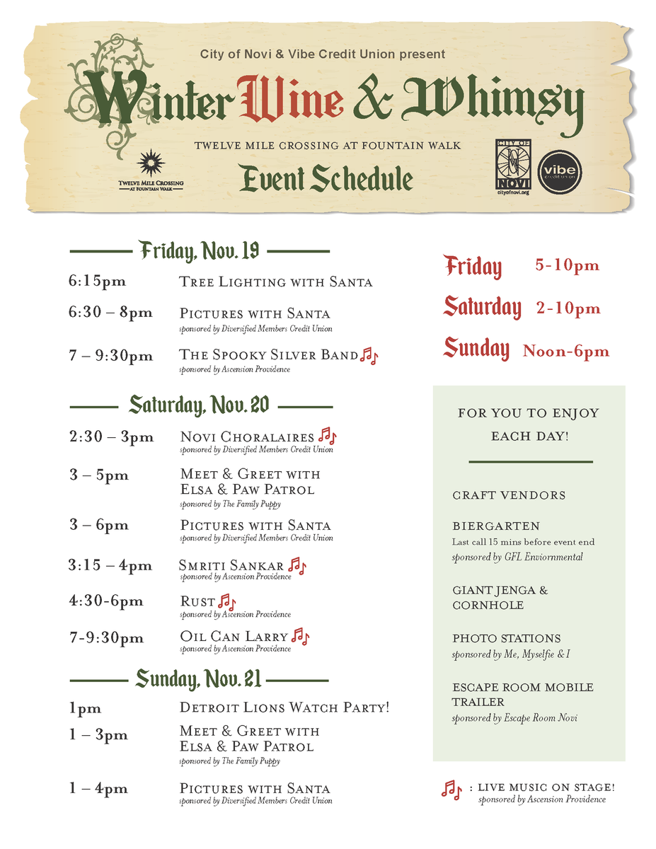 It's Winter, Wine &amp; Whimsy week!! Join 🎅 on Friday at 6:15pm to light the 🎄 and kick off the holidays in Novi! #Novi #TreeLighting #Santa #Holidays #Winter