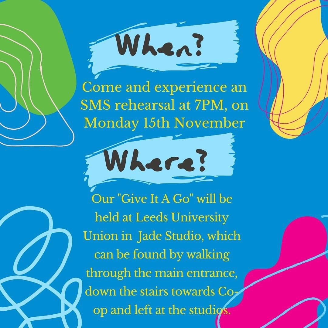 LUUSMS's tweet image. Want to try something new? 👀 Or just fancy a fun evening followed by some drinks at old bar! Come join us today at our GIAG❗️Today at 7pm in Jade Studio 🤩 @LeedsUniUnion @LeedsTrinity @leedsbeckett @_LCSU_