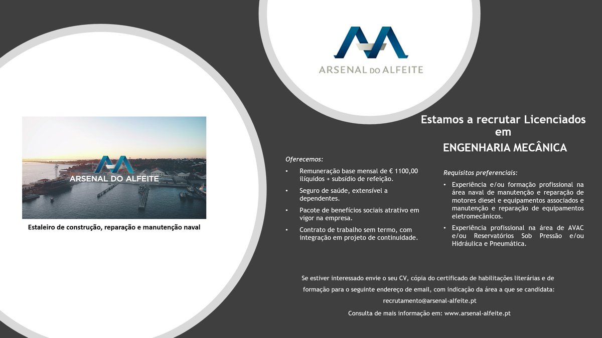 AAlfeite's tweet photo. Licenciados em Engenharia Mecânica (2 vagas)
https://t.co/P3MsVAF8tU https://t.co/ur5pTfIHjw