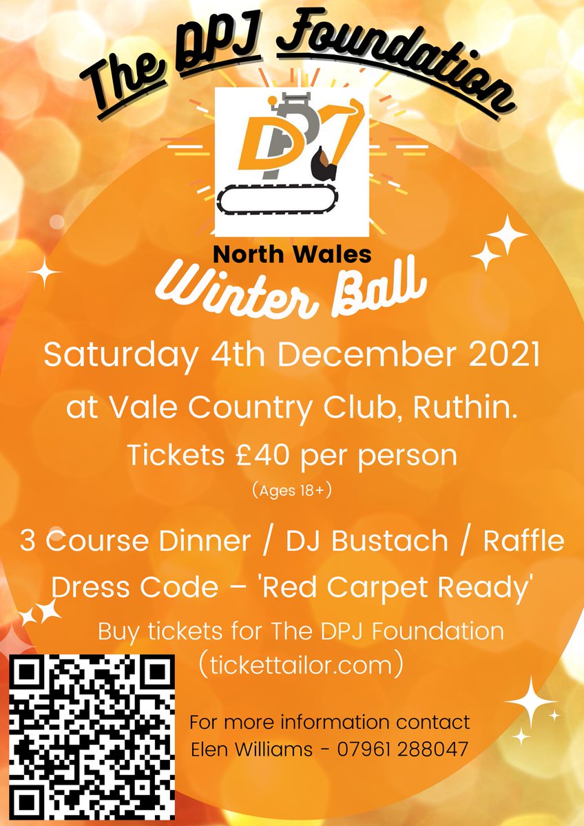 🧡 DPJ Foundation's Winter Ball🧡

💥 Last chance to book a ticket!! 💥

📍 @ValeCountryClub, Ruthin.
📅 04/12/2021
🎟️ Raffle
🍽️ Three-course dinner.
🎶DJ Bustach @OwainLlyr 

📩 Book your tickets now on Ticket Tailor - tickettailor.com/events/thedpjf…