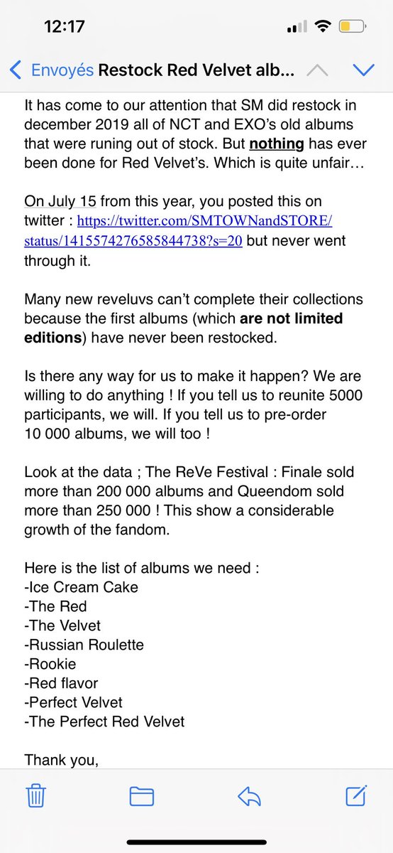 CompleteReVeluv's tweet photo. Repost: 
I asked SM about restocking Red Velvet old albums like they did for other groups in december 2019 and here's their answer: 

@SMTOWNandSTORE 
@SMTOWNGLOBAL https://t.co/ADPwYIPpnJ