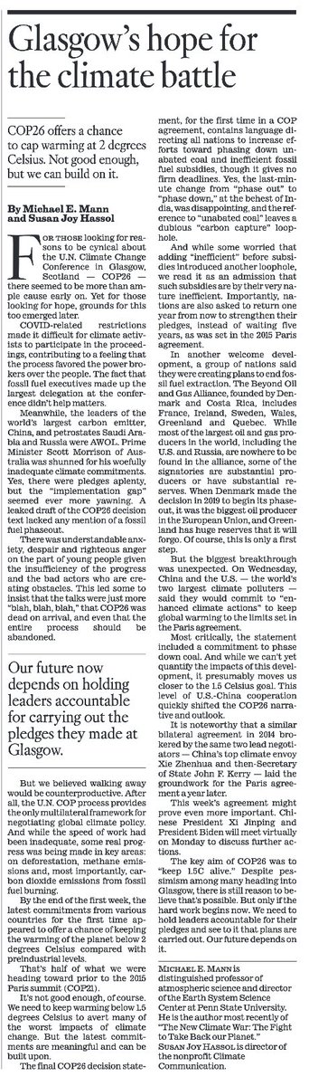 MichaelEMann's tweet photo. "Glasgow’s hope at a critical moment in the climate battle" | My op-ed with Susan Hassol (aka @ClimateComms) in today's print issue of the @LATimes (online version here: https://t.co/Nd0N9WAESH)
#COP26 https://t.co/edrxEgx9h9