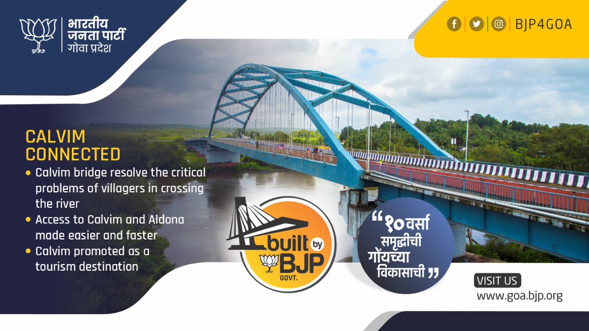 BJP4Goa's tweet image. . @INCGoa's poor handling of Goa &amp;amp; it’s infra related requirements had led to death of school children. As soon as BJP came to power in 2012, Calvim bridge was built within 6 months, just as promised in the manifesto.