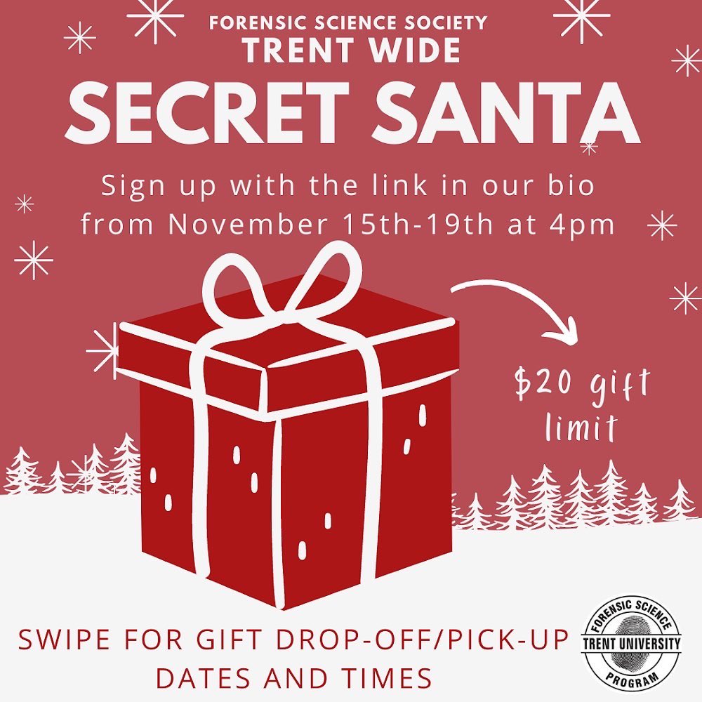 trentfss's tweet photo. Hey Everyone!! We are very excited to announce our annual Secret Santa exchange that will be Trent Wide and happening in the Student Centre! Gift drop off will be Nov 22nd, 24th,and 26th from 10am to 1pm and gift pick up will be Nov 29th, Dec 1st, and Dec 3rd from 10am to 1 pm! https://t.co/RP6UIMxMxE