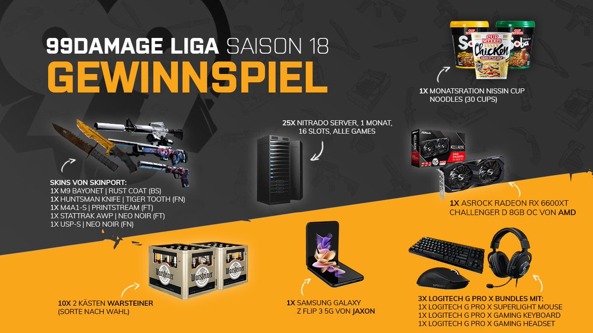 99DAMAGEde's tweet image. ᵂᴱᴿᴮᵁᴺᴳ
Zeit für ein Giveaway! 🔥
Zum Abschluss unserer letzten #99Liga Saison verlosen wir mit unseren Partnern nochmal tolle Preise an euch! 🙌

Hier könnt ihr teilnehmen: bit.ly/99LigaS18Givea…

Viel Glück an alle Teilnehmer. 🍀