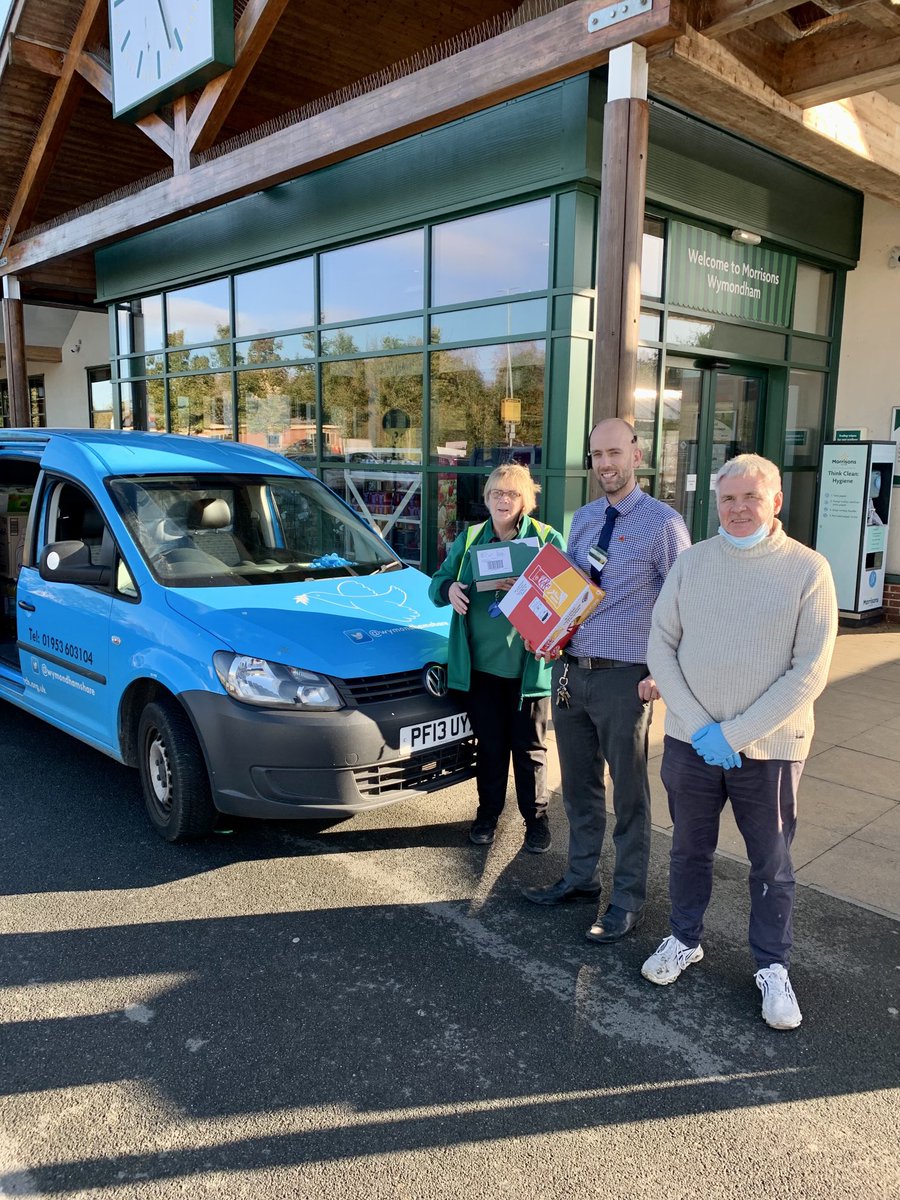 Wymondhamshare's tweet photo. We are very grateful to Andy, Matt and staff ⁦@Morrisons⁩ Wymondham 🙏🙏 for their generous donation of food and essential items. Thanks also goes to our friends ⁦@HopeWymondham⁩ 🙏🙏 The demand on our Foodbank continues to increase. #compassion #community 🕊 https://t.co/pPlNFqALpg