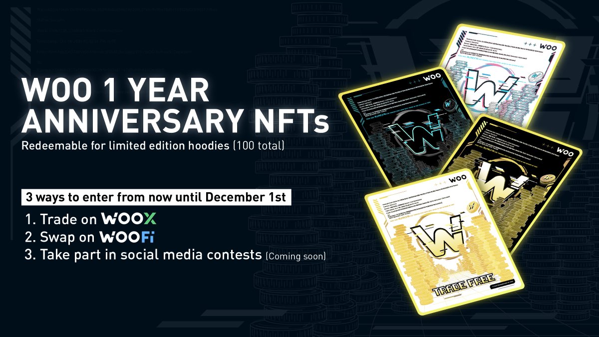 The NFT reveal! 🔥

Want to win 1 of 100 limited NFTs, each exchangeable for a unique 1 of 1 hoodie? Here are 3 ways you win:

⚫️ Trade $5,000 on WOO X and submit ERC20 address here forms.gle/M6szuEzGJ4zT4z… 
⚫️ Trade $1,000 on WOOFi Swap
⚫️ Social media challenge (coming soon)