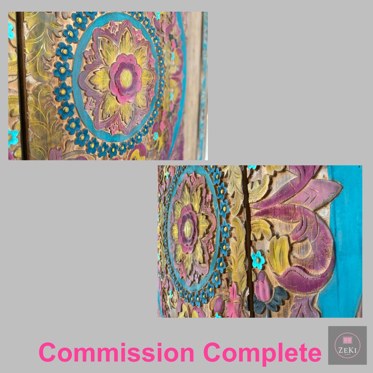 zekistudios's tweet photo. We loved working on this exciting project! Charged by our lovely client to give a huge wooden wall hanging a colour pop &amp; two large cabinets a tropical make over along with a flamingo … a mix of hand painting, stencils and a transfer … #commissison #painting #interiordesign https://t.co/9zigUduqZI