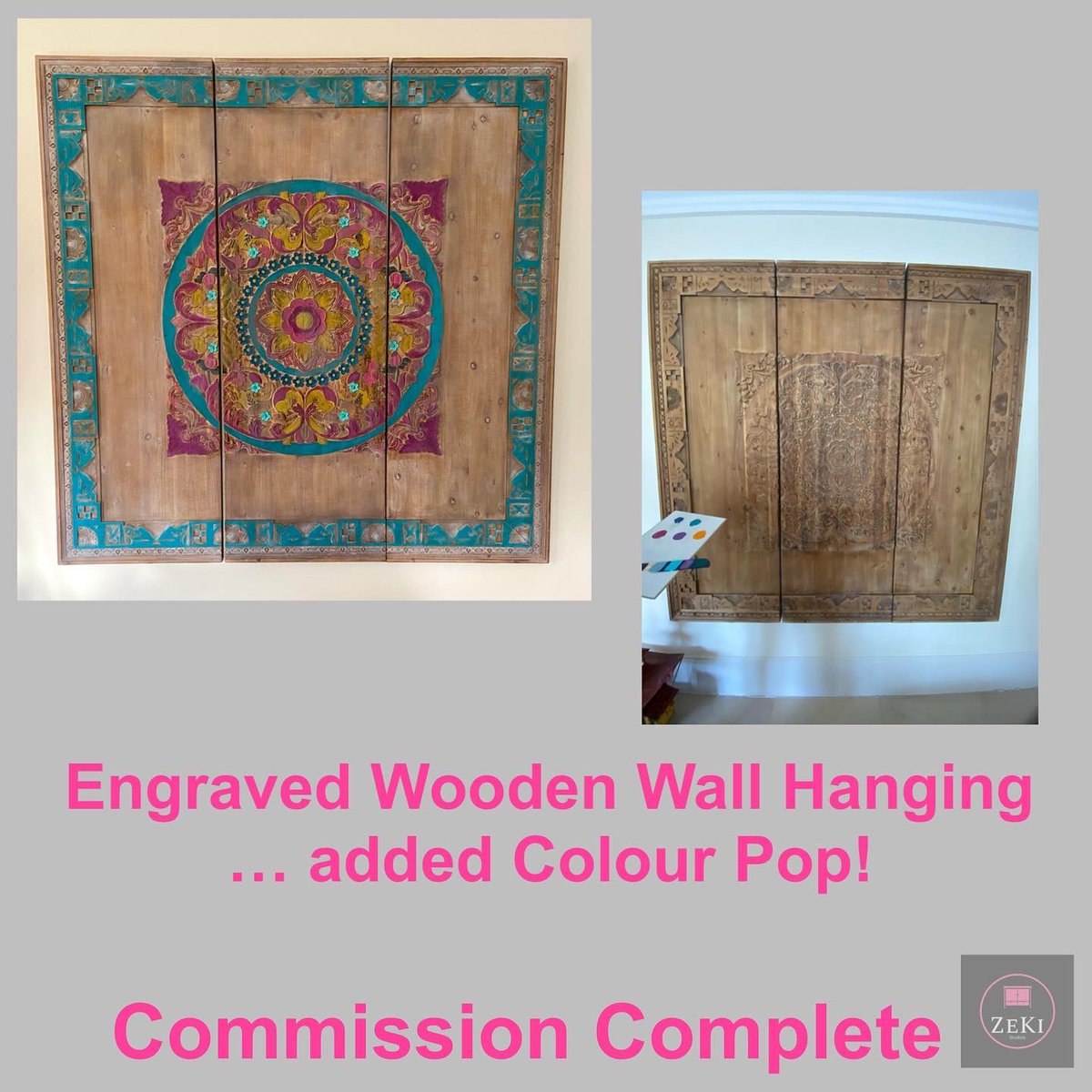 zekistudios's tweet photo. We loved working on this exciting project! Charged by our lovely client to give a huge wooden wall hanging a colour pop &amp; two large cabinets a tropical make over along with a flamingo … a mix of hand painting, stencils and a transfer … #commissison #painting #interiordesign https://t.co/9zigUduqZI