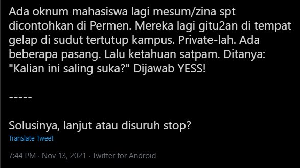 ariomazda's tweet photo. Mereka ini beneran lupa kalau ada hukum selain Permendikbud yang sudah ngatur tindak asusila nggak sih? Imajinasinya liar banget. Jijik bacanya.

Well, saya harap memang beneran lupa. Kalau ternyata disengaja demi giring opini, ini jahat banget. https://t.co/LCn64tH7Es