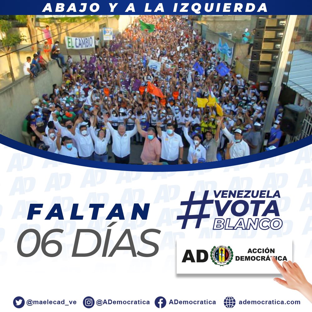 adbernabe's tweet photo. Los venezolanos se preparan para una semana histórica. Este #21Nov va a triunfar la conciencia, la sensatez y la esperanza del pueblo. #AcciónDemocrática está de frente y dando la cara por los candidatos de la @AlianzaDemocVE porque #VolveremosAVivirMejor
#VenezuelaVotaBlanco https://t.co/b0DSPQZn6F