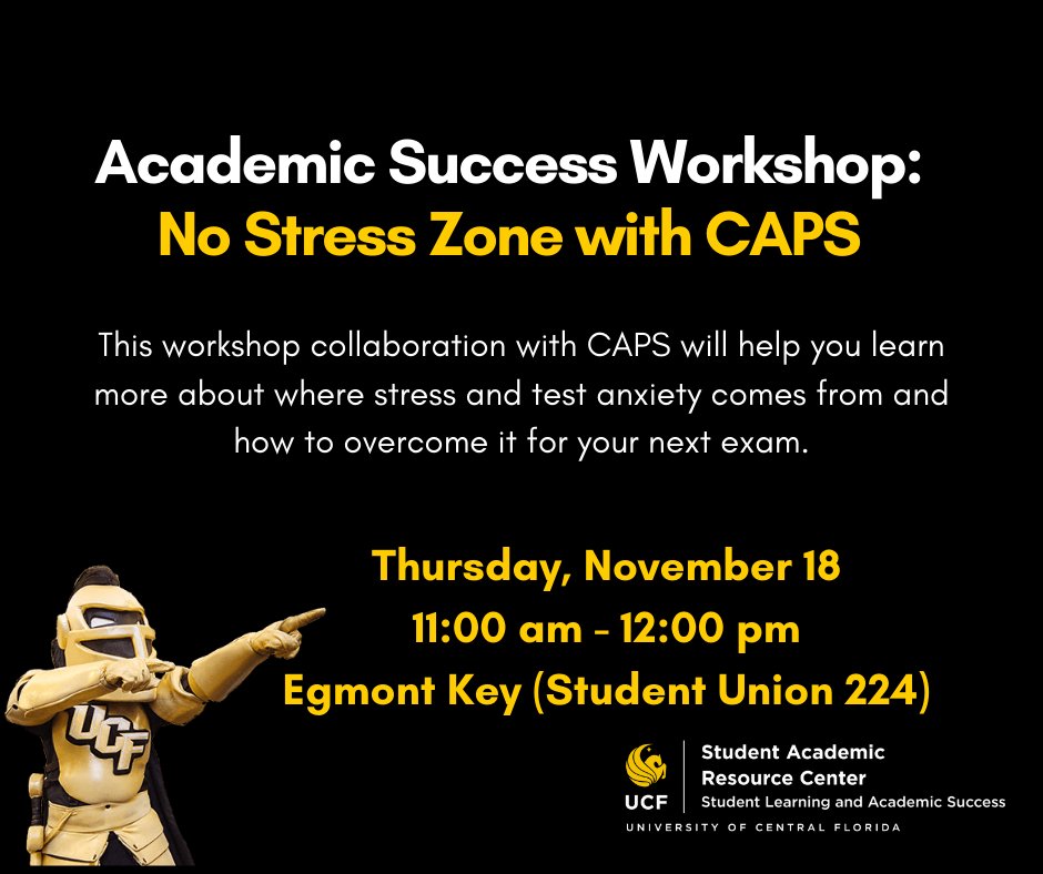 UCFSARC's tweet photo. Hey Knights! π Our fifth workshop of the semester is Thursday! Come learn about stress and test anxiety. πβοΈ We look forward to seeing you there! #UCFSARC #AcademicSuccessWorkshops #Fall2021 #AcademicSupport #GoKnights https://t.co/sEYvHGJFqZ