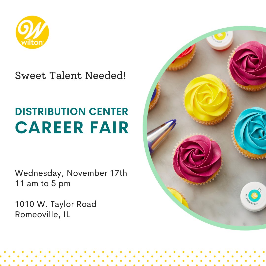 wiltonbrands's tweet photo. Come and join us for our DC Career Fair on Wed., Nov. 17th! We're looking for talented distribution center employees for full-time positions. Text "cake" to 312-396-2311 or email careers@wilton.com if you're interested in joining our team sooner. https://t.co/ekwUJ4ewtF