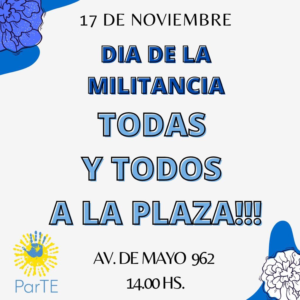 juventud_parte's tweet photo. ✌🗣MIÉRCOLES 17 DE NOVIEMBRE TODAS Y TODOS A LA PLAZA DE MAYO.
 
📍DÍA DE LA MILITANCIA. 
📍JUVENTUD PARTE
🗣SOMOS PARTE DEL FRENTE DE TODOS.

#17deNoviembre 
#juventudparte 
#mujeresydiversidadparte 
#ParTEUniversidad 
#SomosParte
@claudioaferreno @ParteOK @alferdez https://t.co/zUcSwXvPvf