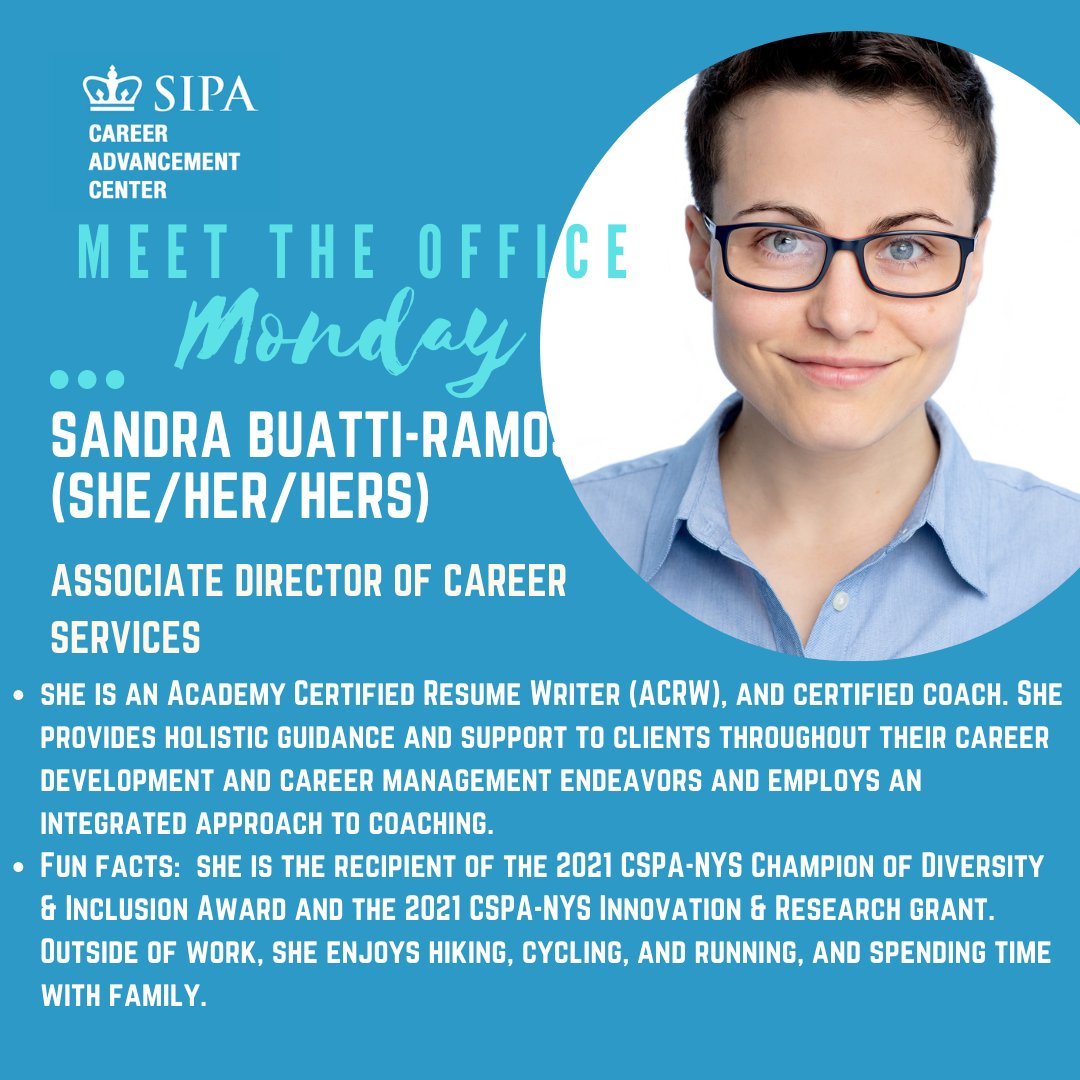 This week's ✨Meet the Office Monday✨ is Sandra Buatti-Ramo (she/her), Associate Director of Career Services. Sandra enjoys hiking, cycling and running outside of work.🧗‍♂️🚴🏃‍♀️
