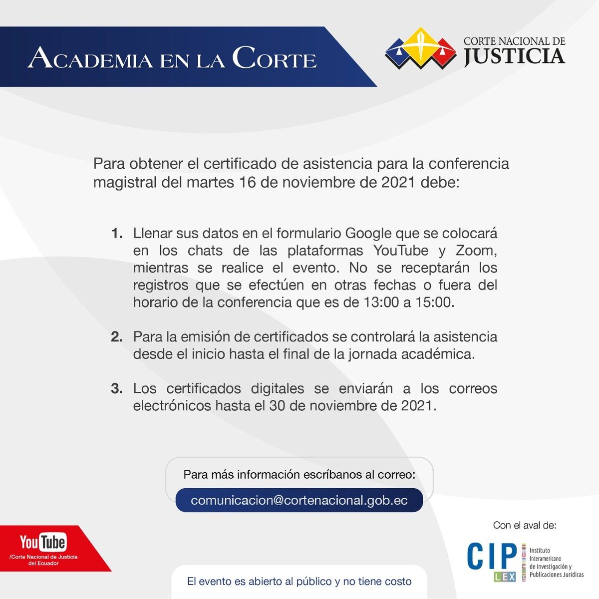CorteNacional's tweet photo. 🎓#AcademiaEnLaCorte | La @CorteNacional de Justicia, con el aval de #CIPLex, invita a participar en la conferencia magistral del catedrático español, Dr. Jesús Silva Sánchez, con el tema:"El dolo en el derecho penal económico".
💻 Zoom ➡️ https://t.co/unAnWoN1NP https://t.co/lYDXyL3WG9