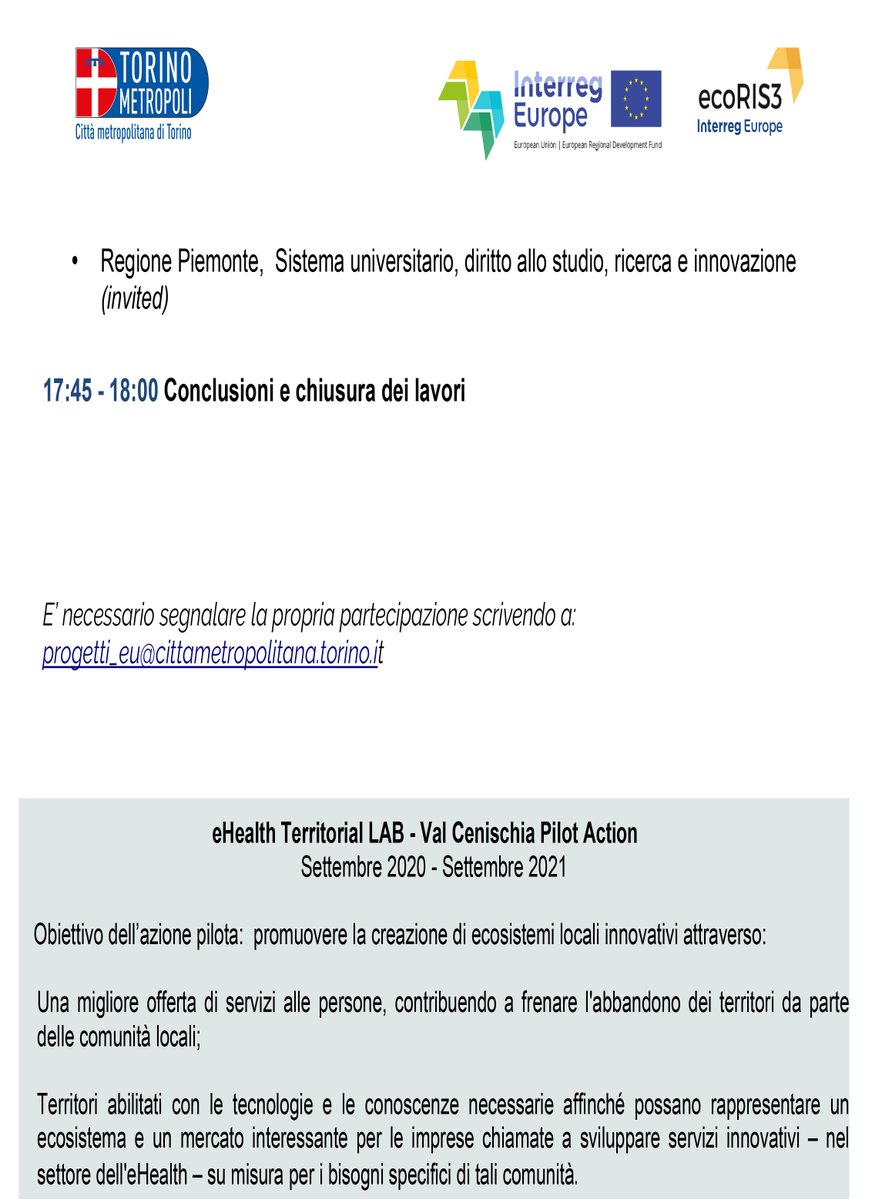 Incubatore2i3T's tweet photo. 💚 La #SALUTE è un bene che va tutelato, lo dimostra l'agenda di oggi molto fitta per l'incontro sul progetto: #eHealth Territorial LAB - Local ecosystem as an instrument to scale up innovative local start-up in eHealth topic
@CittaMetroTO @interregeurope #EcoRIS3 https://t.co/f47cNEkwGH