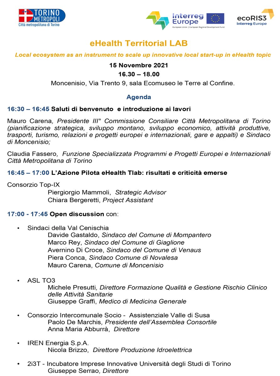 Incubatore2i3T's tweet photo. 💚 La #SALUTE è un bene che va tutelato, lo dimostra l'agenda di oggi molto fitta per l'incontro sul progetto: #eHealth Territorial LAB - Local ecosystem as an instrument to scale up innovative local start-up in eHealth topic
@CittaMetroTO @interregeurope #EcoRIS3 https://t.co/f47cNEkwGH