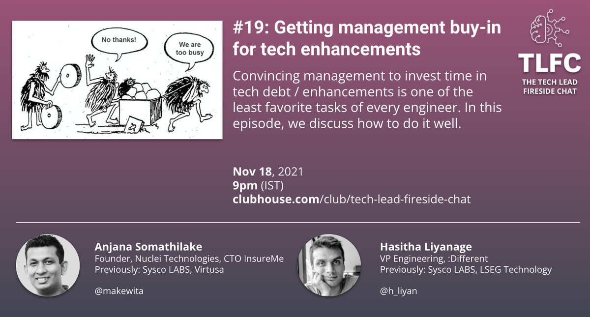 h_liyan's tweet photo. Join me and @makewita as we discuss how to get management buy in for those tech enhancements/debt that you've been aching to get out of the way. #TLFC
https://t.co/ksm1hT75TG https://t.co/SBfmwDGlHQ