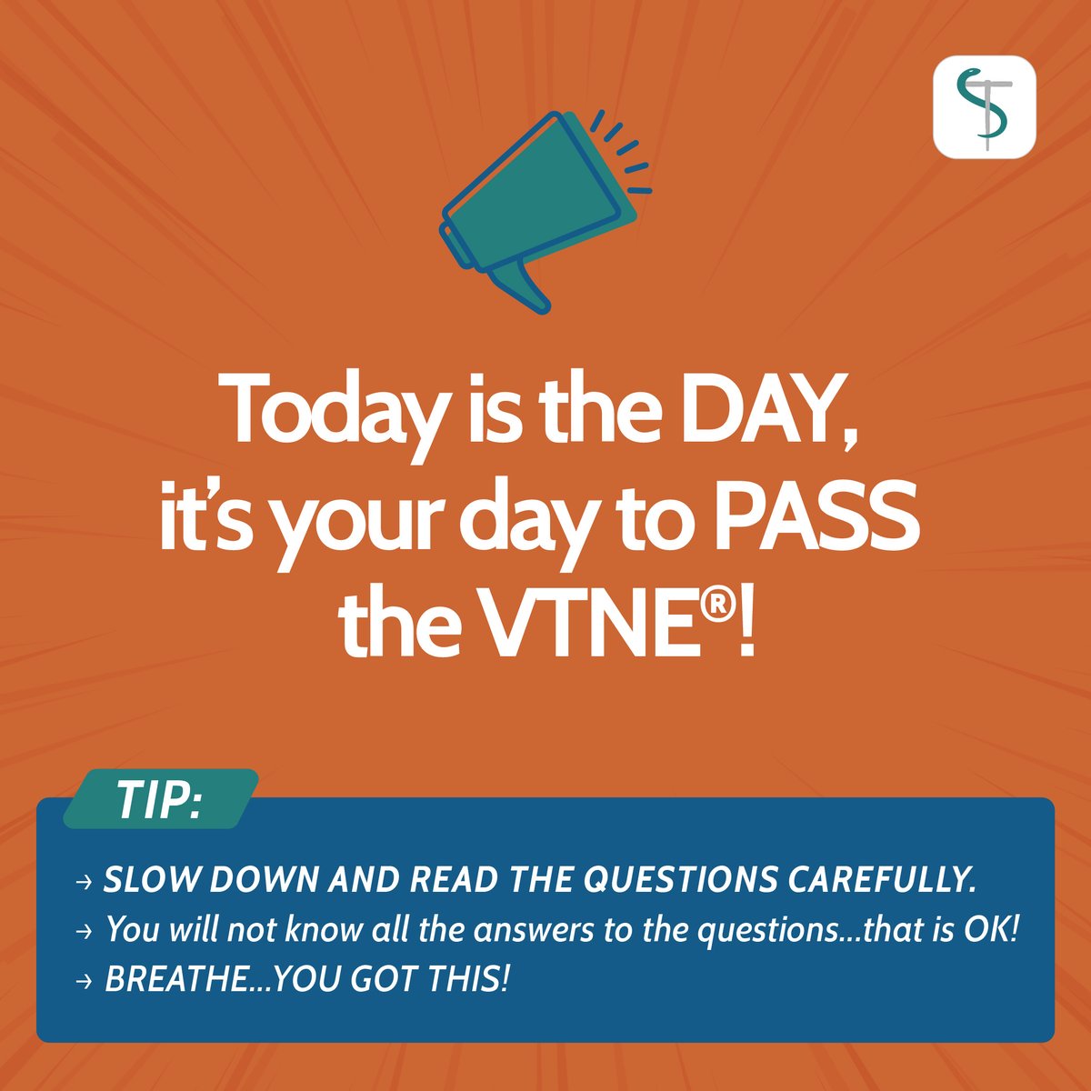VetTechPrep's tweet photo. Today is the DAY, it’s your day to PASS the VTNE!

SLOW DOWN AND READ THE QUESTIONS CAREFULLY. 
You will not know all the answers to the questions...that is OK!

BREATH...YOU GOT THIS!

#Veterinary #VetTech #VetTechPrep #VetTechSchool #VetTechStudent #VetTechMed https://t.co/DIy5XwSQnh
