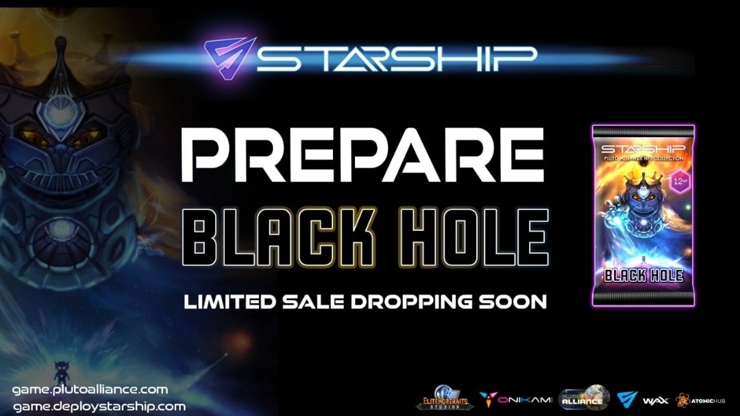 DiscoverCrypto's tweet photo. Starship + BitBoys Pluto Alliance are proud to announce the 2nd NFT pack sale of phase 1 Emergence BLACK HOLE EDITION.
Sale begins 4pm UTC to whitelisted members and 5pm UTC for general sale. 
@DeployStarship @Pluto_Alliance
@Bitboy_Crypto #StarShipNFT 
https://t.co/LwX27dlhBw https://t.co/yY2dj8eixr