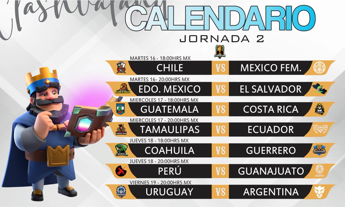 🔺Calendario Jornada 2🔻

💎@Sele_ChileCR 🆚 <a href="/SMCRfemenil/">Selección México Femenil CR</a> 

💎@Sel_EdoMexCR1 🆚 <a href="/ElSalvador_CR/">Selección de El Salvador CR</a> 

💎@SeleCRGT 🆚 <a href="/Sel_Costa_Rica/">Team Costa Rica</a> 

💎<a href="/TamaulipasGG/">Tamaulipas Esports</a> 🆚 <a href="/EcuadorCR_/">Selección de Ecuador CR</a> 

💎<a href="/CoahuilaCr/">Selección Coahuila</a> 🆚 <a href="/SeleccionGuerr1/">Seleccion de Guerrero</a> 

💎<a href="/SeleccionPE/">Selección Perú CR</a> 🆚 <a href="/GtoEsportsGG/">Guanajuato Esports Club 🦁🖤🤍</a> 

💎<a href="/UruguaySelecc/">Selección Uruguaya CR</a> 🆚 <a href="/SeleccFemArg/">Seleccion Argentina Femenil</a>